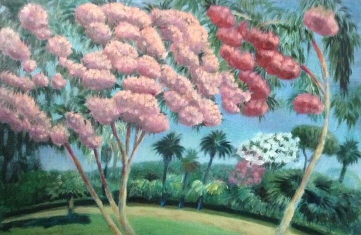 Картина под названием "Розовое дерево." - Алла Сенаторова, Подлинное произведение искусства, Масло