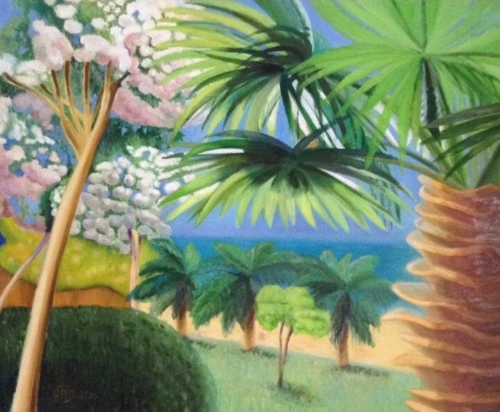 Painting titled "Пейзаж с пальмами и…" by Alla Senatorova, Original Artwork, Oil
