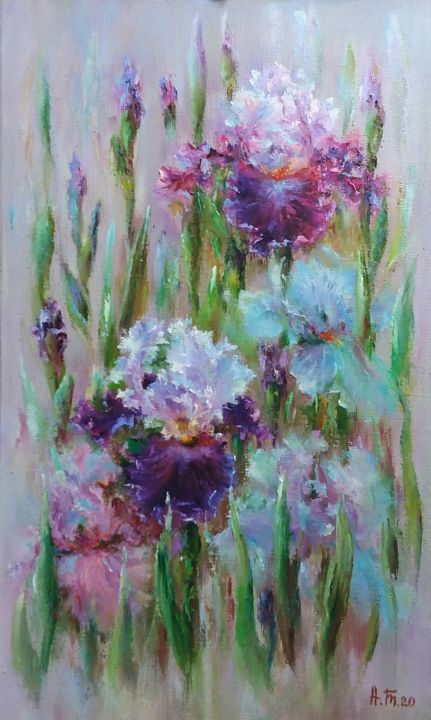 Картина под названием "Bouquet of irises" - Alla Tatarinova, Подлинное произведение искусства, Масло