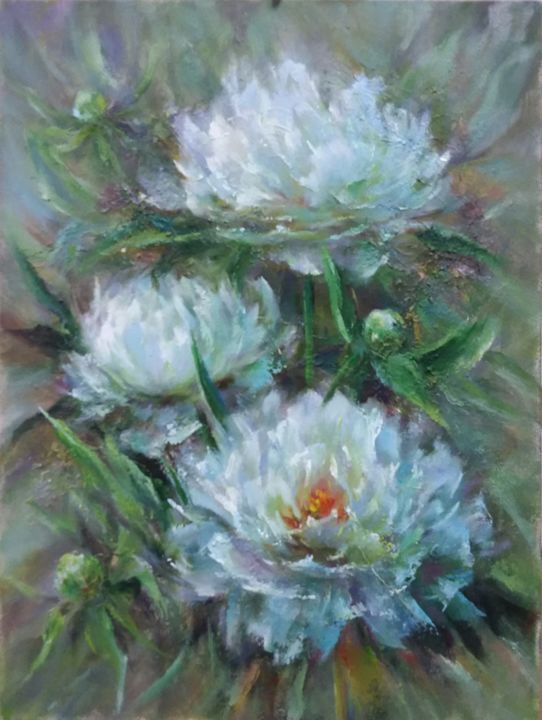 Painting titled "White peonies" by Alla Tatarinova, Original Artwork, Oil