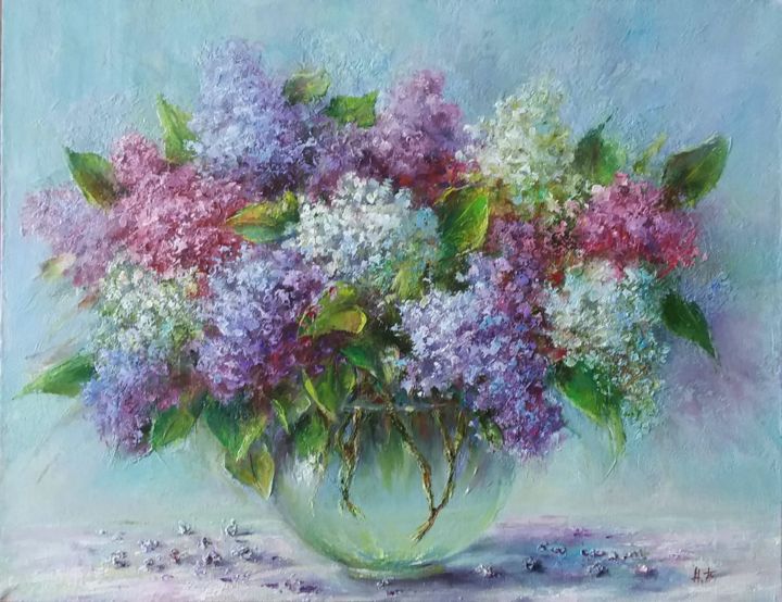 Painting titled "Lilac in a vase" by Alla Tatarinova, Original Artwork, Oil