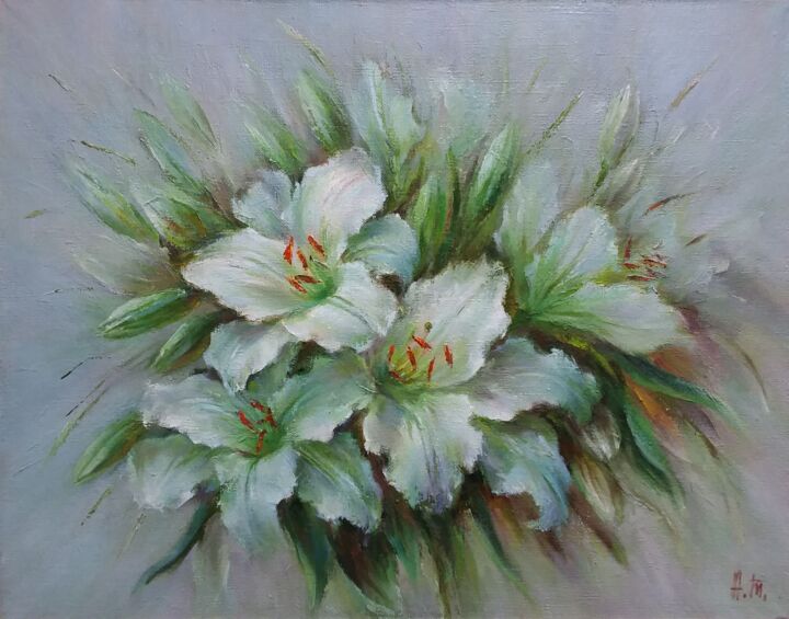 Painting titled "Melody of white lil…" by Alla Tatarinova, Original Artwork, Oil