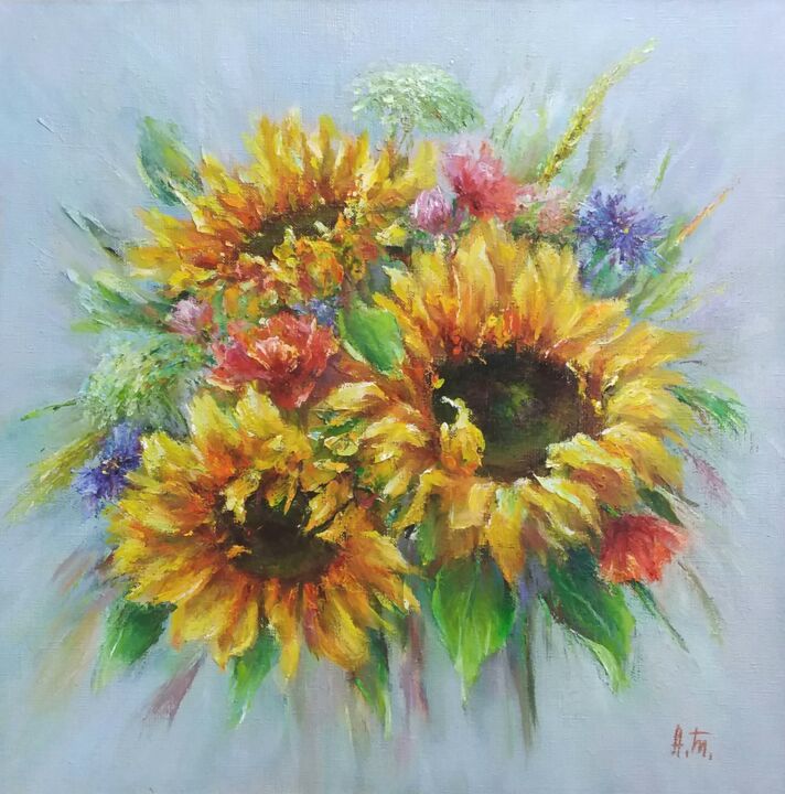 Painting titled "Sunflowers" by Alla Tatarinova, Original Artwork, Oil
