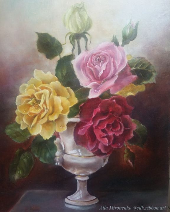 Painting titled "Натюрморт с розами" by Alla Mironenko, Original Artwork, Oil