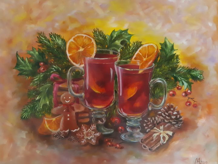 Painting titled "Глинтвейн на двоих" by Alla Mironenko, Original Artwork, Oil