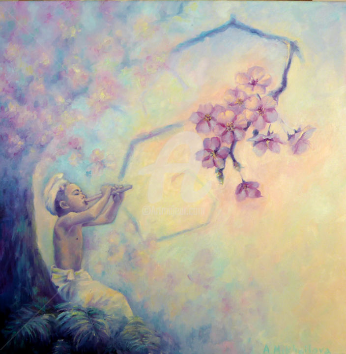 Malerei mit dem Titel "La Flûte de Pan" von Alla Mikhailova, Original-Kunstwerk, Öl