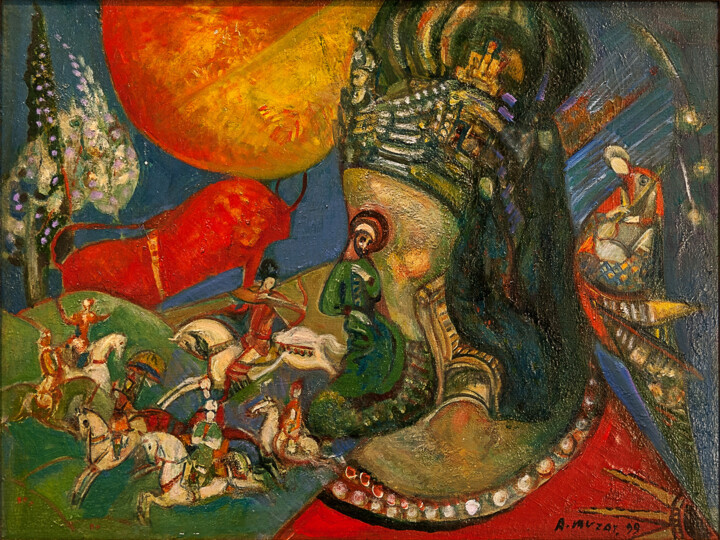 Painting titled "Sasanian motive" by Allamyrat Muhammedov, Original Artwork, Oil
