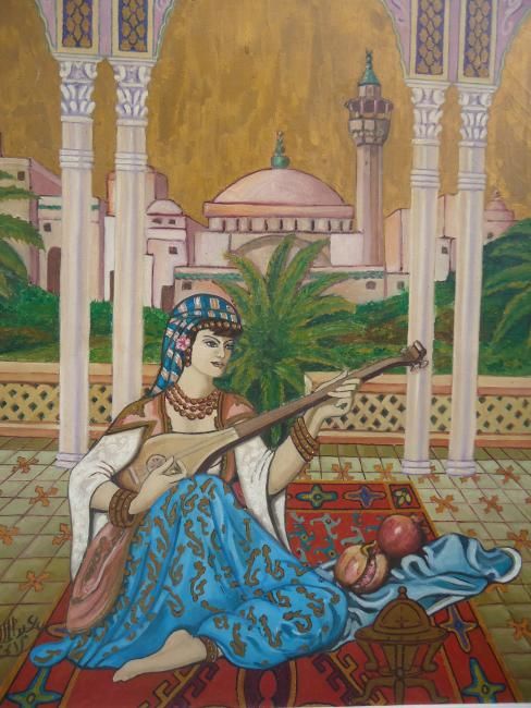 Peinture intitulée "Musicienne" par Abdelmalek Allani, Œuvre d'art originale, Huile