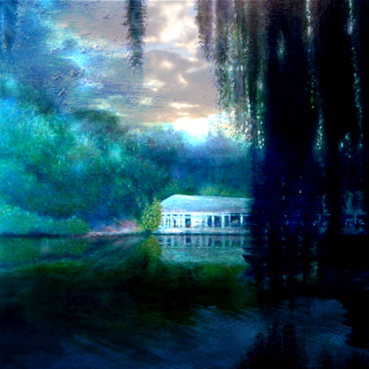 Painting titled "Boathouse" by Allan Linder, Original Artwork, Acrylic Mounted on Wood Stretcher frame