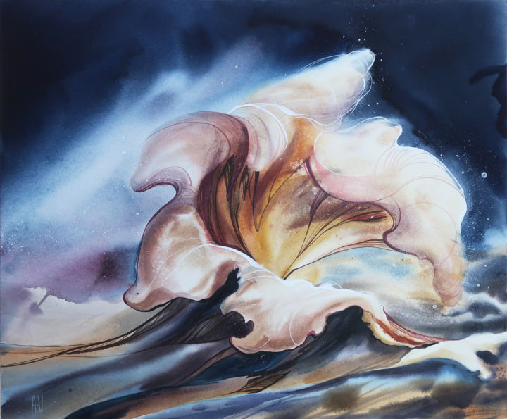 Malerei mit dem Titel "Stormy wave" von Alla Vlaskina, Original-Kunstwerk, Aquarell