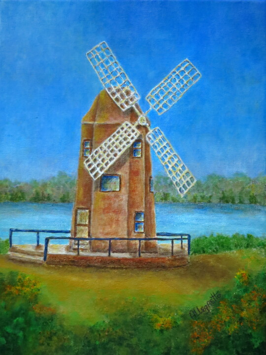 Painting titled "HOLLAND WINDMILL –…" by Allegretto, Original Artwork, Acrylic Mounted on Wood Stretcher frame