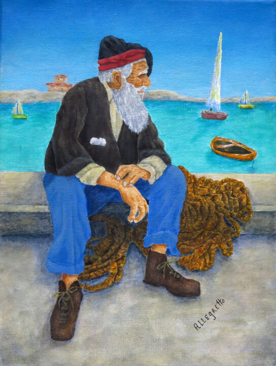 Painting titled "ITALIAN FISHERMAN" by Allegretto, Original Artwork, Acrylic Mounted on Wood Stretcher frame