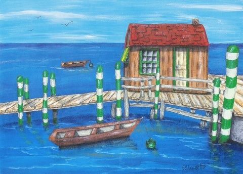 Pittura intitolato "Noni's Fishing Shack" da Allegretto, Opera d'arte originale, Acrilico