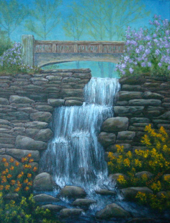 Картина под названием "New England Waterfa…" - Allegretto, Подлинное произведение искусства, Акрил