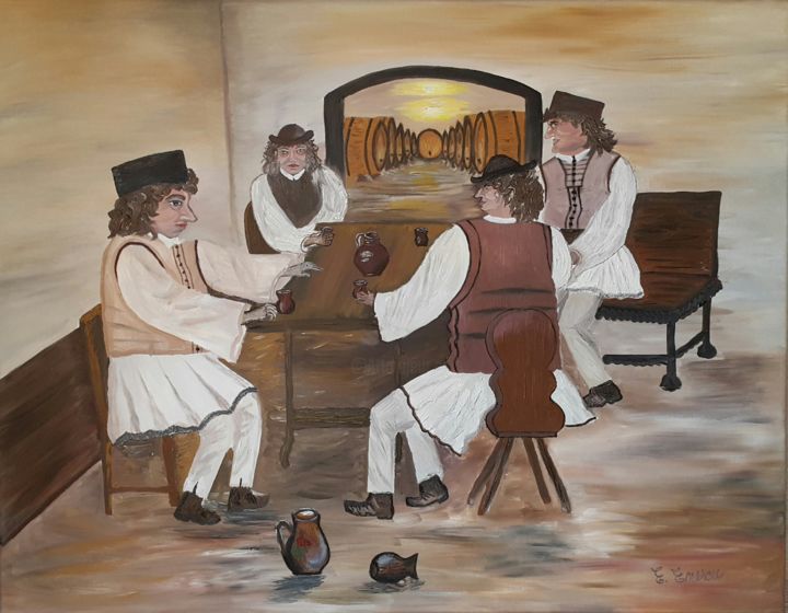 Painting titled "Wine experts" by Enescu Elena, Original Artwork, Oil