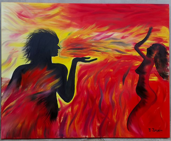 Pittura intitolato "Fire player" da Enescu Elena, Opera d'arte originale, Olio