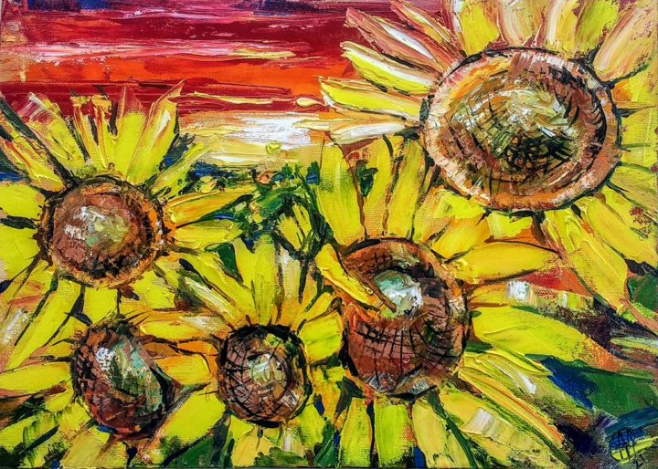 Painting titled "Sunflowers field on…" by Skorokhoart, Original Artwork, Oil