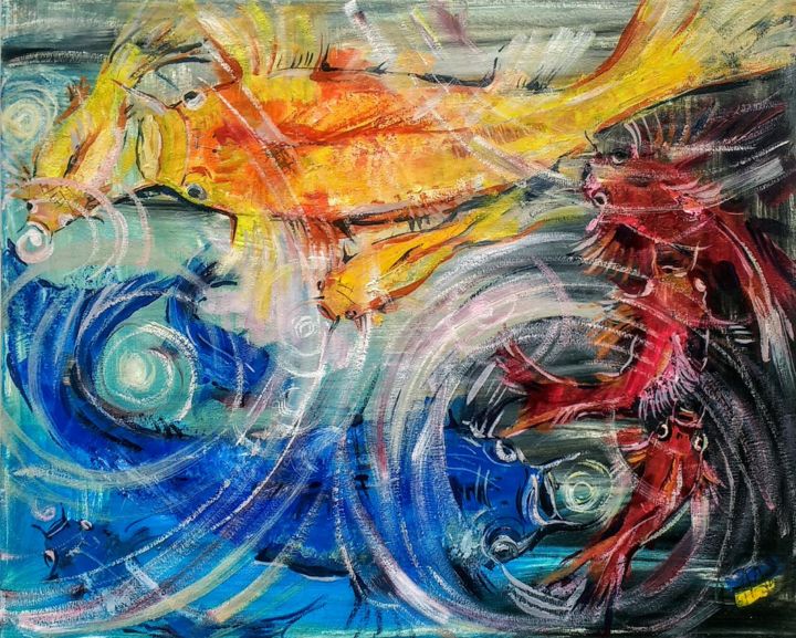 Malerei mit dem Titel "Abstract koi fish f…" von Skorokhoart, Original-Kunstwerk, Öl