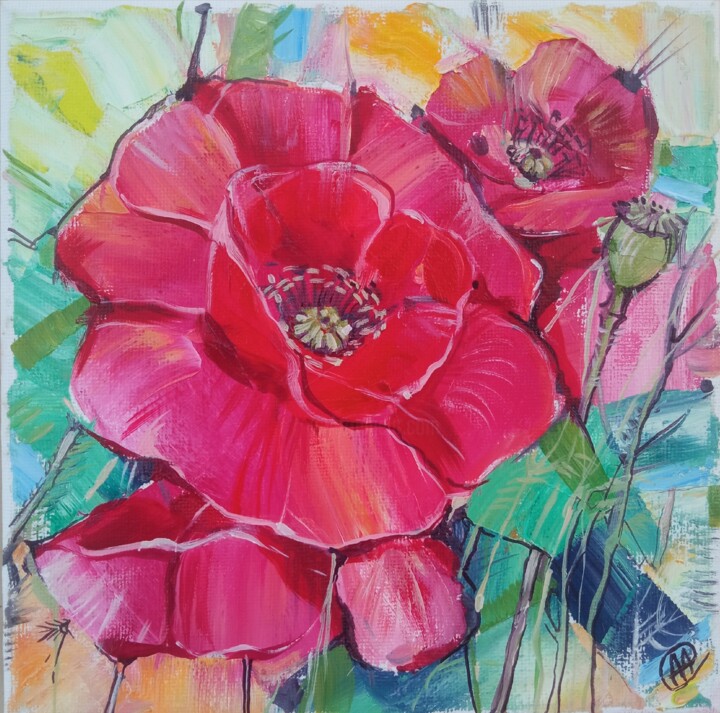 Painting titled "Poppies Floral Wall…" by Skorokhoart, Original Artwork, Oil