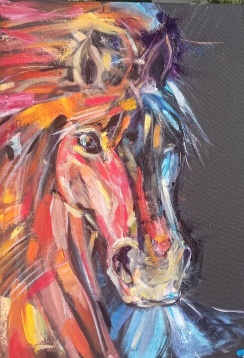 Картина под названием "Black Flaming Horse…" - Skorokhoart, Подлинное произведение искусства, Масло