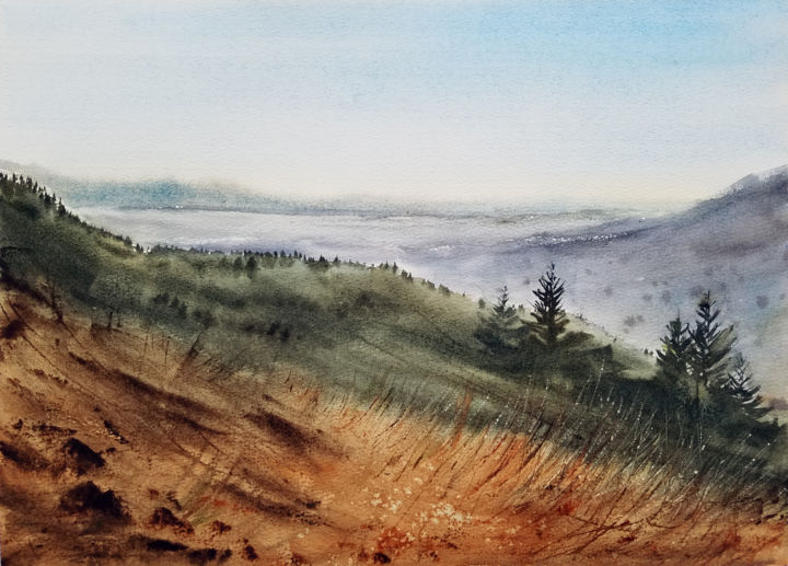 Картина под названием "The Hillside" - Svetlana Yumatova, Подлинное произведение искусства, Акварель