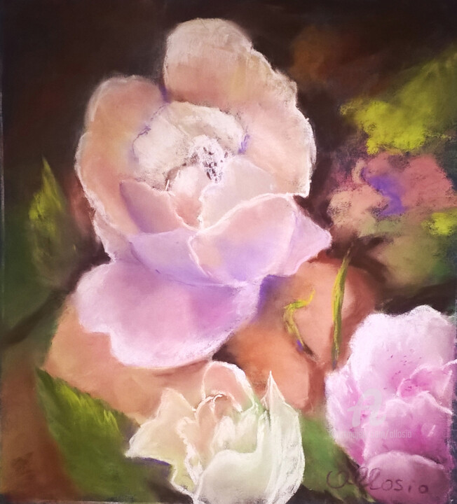 Pintura intitulada "Les roses du jardin" por Claudette Allosio, Obras de arte originais, Pastel