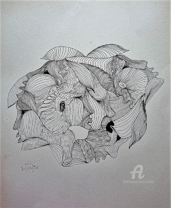 "Jeu de profils" başlıklı Resim Claudette Allosio tarafından, Orijinal sanat, Mürekkep