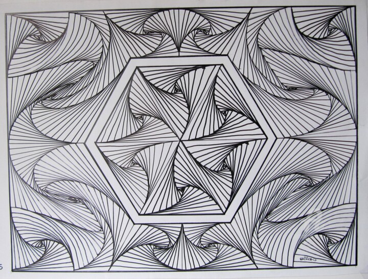 Dessin intitulée "C45-l'hexagone" par Claudette Allosio, Œuvre d'art originale, Marqueur