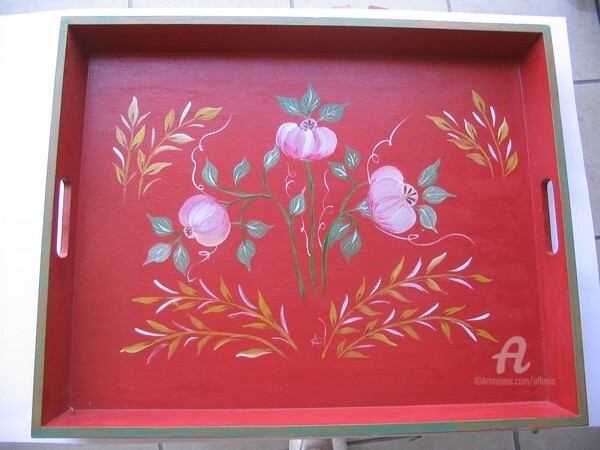 Artisanat intitulée "gd plateau rouge fl…" par Claudette Allosio, Œuvre d'art originale, Décoration de maison