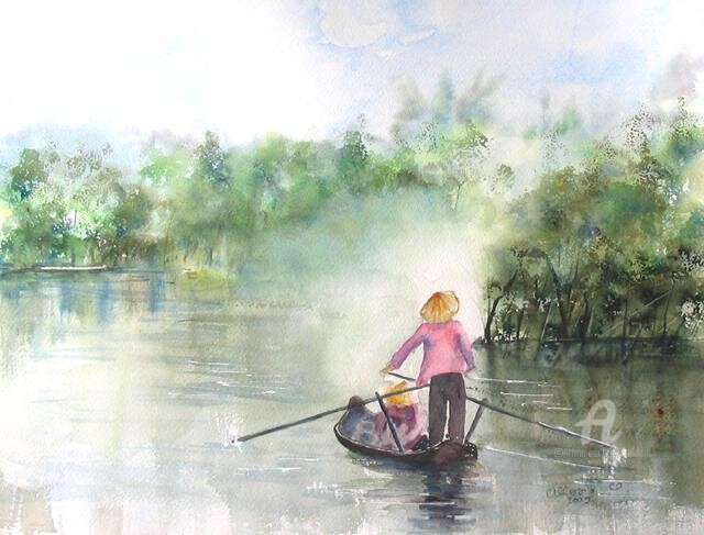 Peinture intitulée "paysage asiatique" par Claudette Allosio, Œuvre d'art originale, Aquarelle