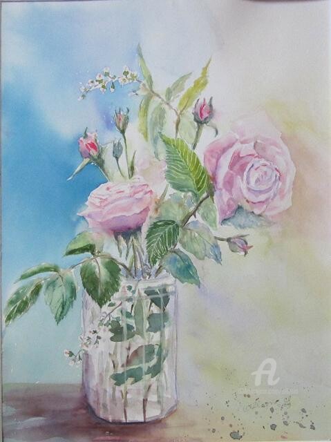 Peinture intitulée "fraicheur de roses" par Claudette Allosio, Œuvre d'art originale, Huile