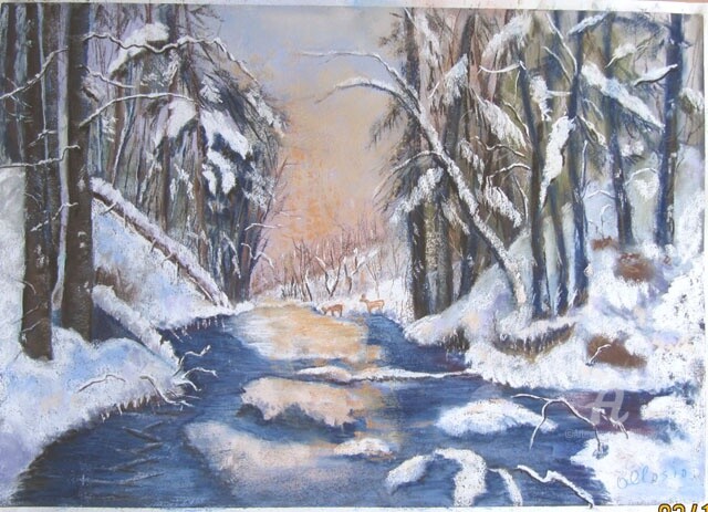 Painting titled "Sous-bois enneigé" by Claudette Allosio, Original Artwork, Pastel