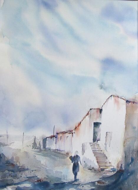 Painting titled "La rue" by Claudette Allosio, Original Artwork, Watercolor