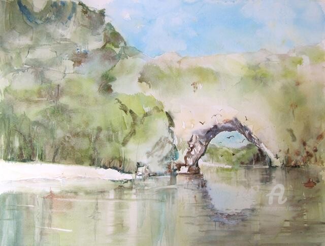 Malerei mit dem Titel "Le pont d'Arc" von Claudette Allosio, Original-Kunstwerk, Aquarell