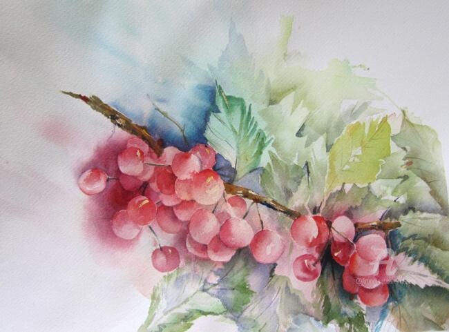 Peinture intitulée "branche de griottes" par Claudette Allosio, Œuvre d'art originale, Aquarelle