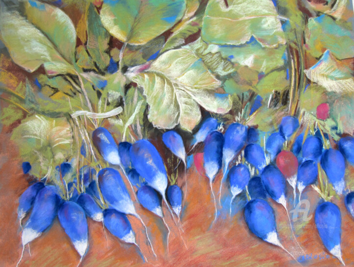 Painting titled "Les radis bleus" by Claudette Allosio, Original Artwork, Pastel