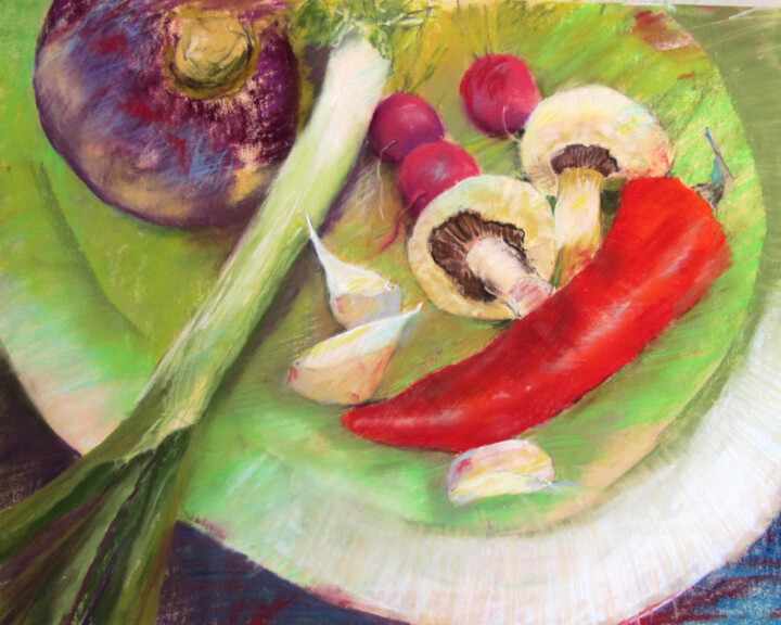 Pittura intitolato "Assiette de légumes…" da Claudette Allosio, Opera d'arte originale, Pastello