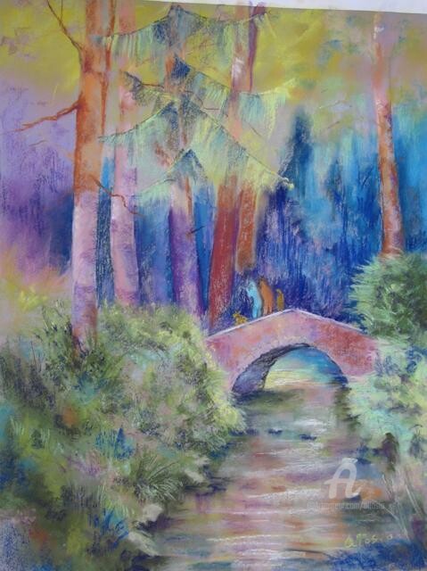 Painting titled "Le pont rose" by Claudette Allosio, Original Artwork