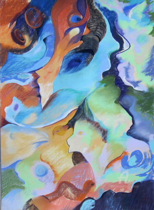 Painting titled "Profils" by Claudette Allosio, Original Artwork, Pastel