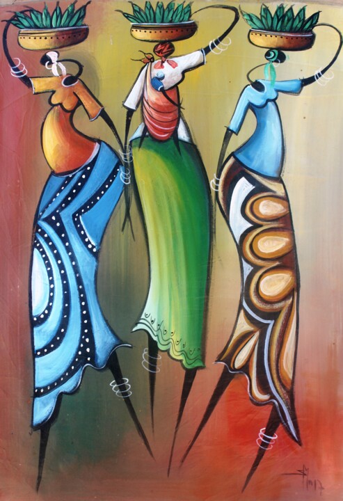 Peinture intitulée "Filhas do pescador" par Ally José Moiane, Œuvre d'art originale, Acrylique
