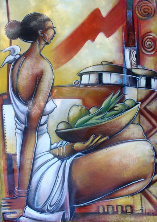 Картина под названием "Lolita e as frutas…" - Ally José Moiane, Подлинное произведение искусства, Масло
