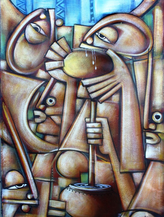 Картина под названием "Bebendo" - Ally José Moiane, Подлинное произведение искусства, Масло