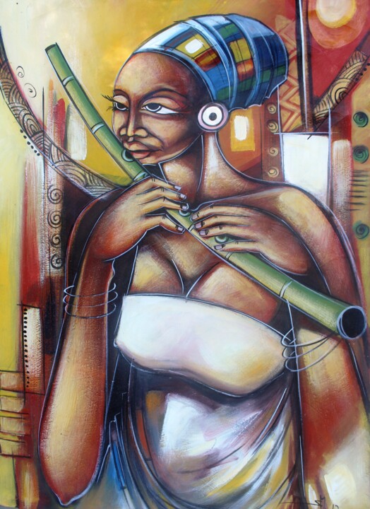 Картина под названием "Flautista Africana" - Ally José Moiane, Подлинное произведение искусства, Масло