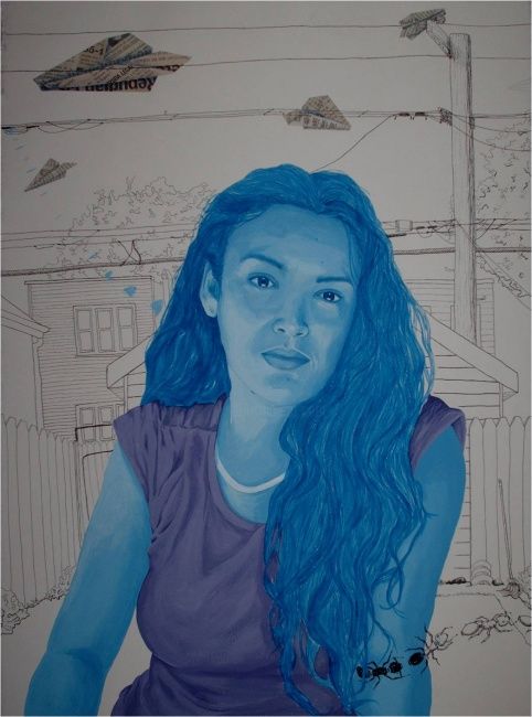 Painting titled "Yo en la yarda" by Alma Domínguez, Original Artwork