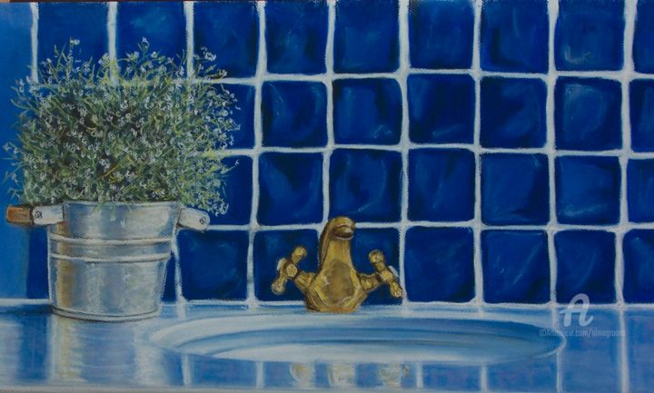 Pittura intitolato "oro-sobre-azul.jpg" da Almagro, Opera d'arte originale, Pastello