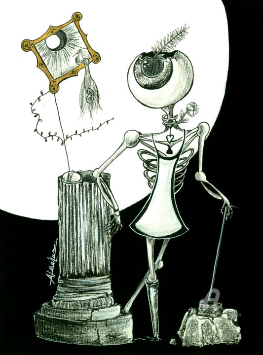 Drawing titled "Bones Mama" by Almakan, Original Artwork, Ink