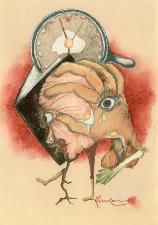 「Panique en cuisine」というタイトルの描画 Almakanによって, オリジナルのアートワーク, パステル