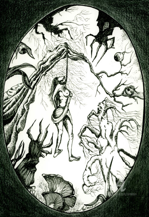 Drawing titled "La forêt suspendue" by Almakan, Original Artwork, Ink