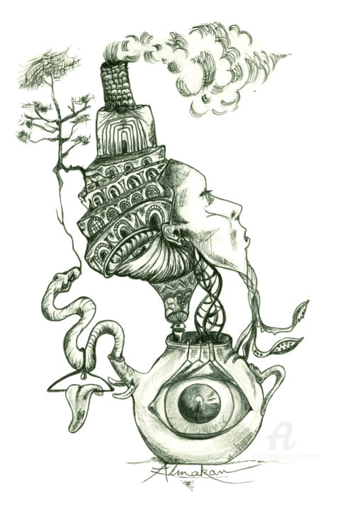 Dibujo titulada "Le génie de ma lampe" por Almakan, Obra de arte original, Tinta