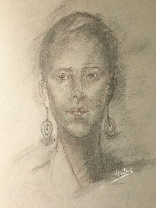 Drawing titled "Regard" by Andre Lobet, Original Artwork, Pencil